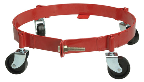 ATD Tools ATD-5216 16 Gallon Drum Dolly side view showing red powder-coated steel frame and 4 phenolic casters