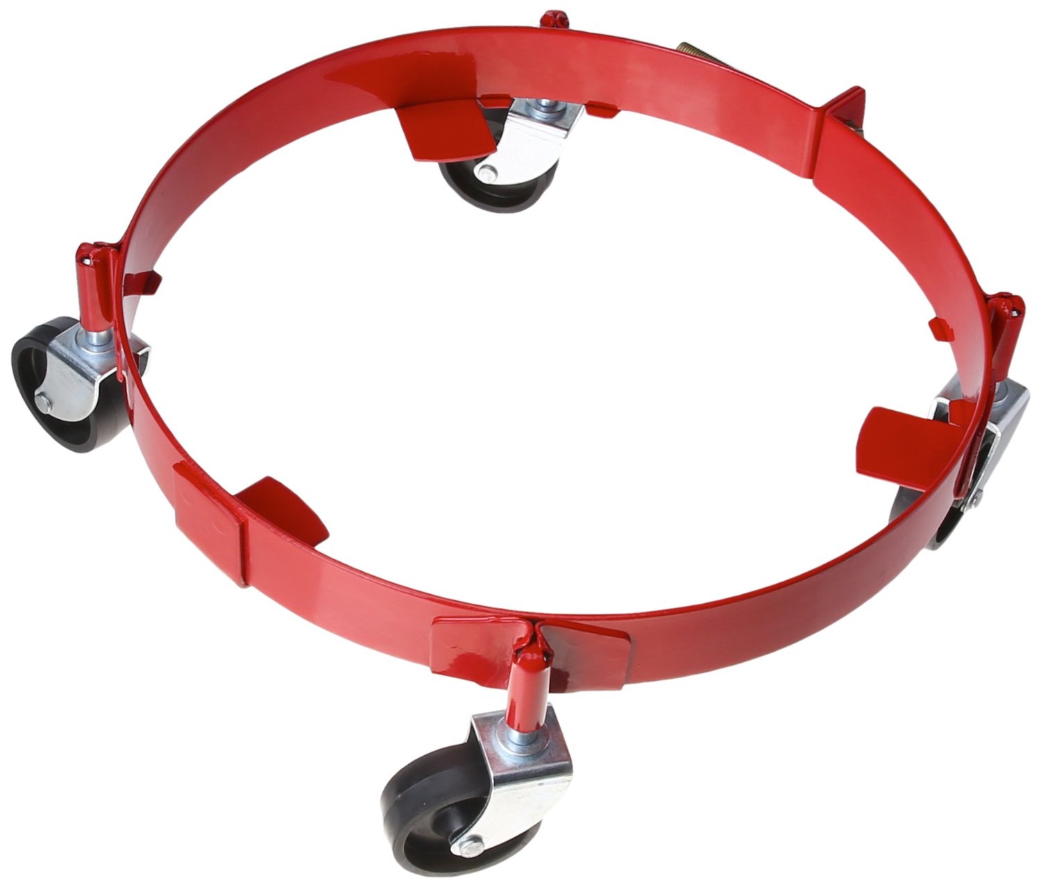 ATD Tools ATD-5216 16 Gallon Drum Dolly top angle view showing circular red steel frame with adjustable clamping bolt and 4 casters