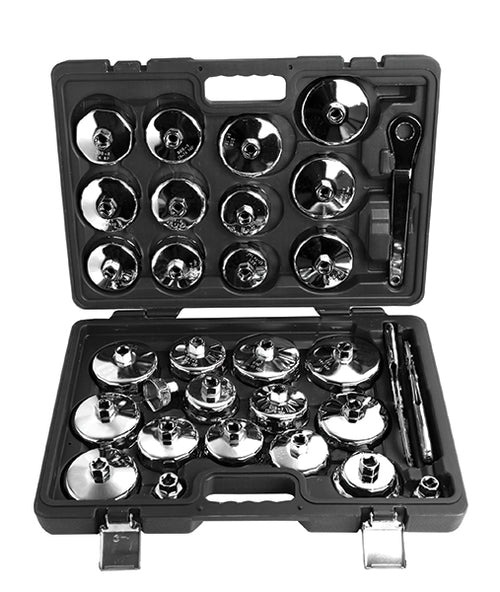 ATD Tools ATD-5231 31 Pc. Filter Wrench Set with oil cartridge filter sockets, drive wrench, and adjustable filter wrenches in carry case
