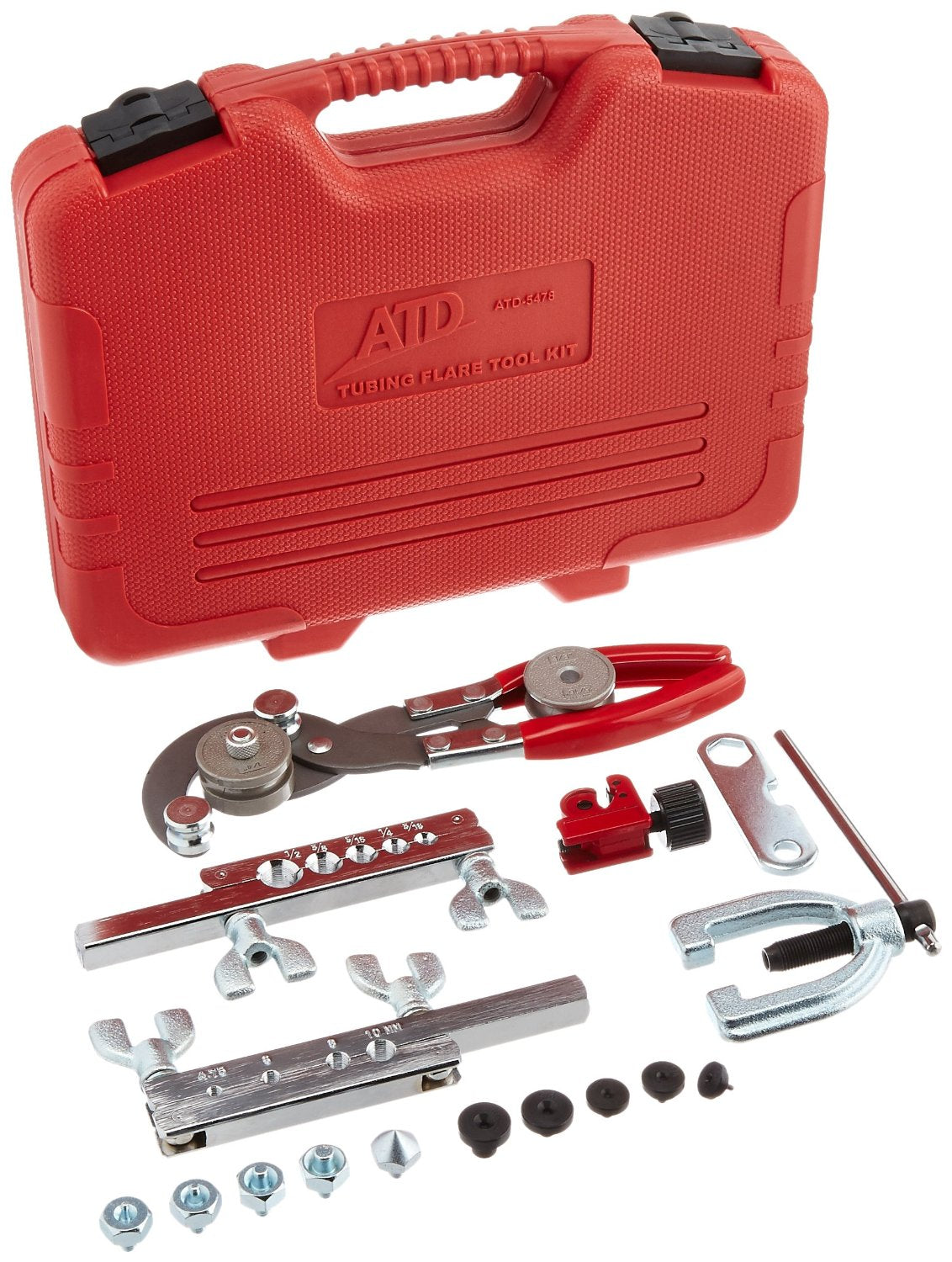 ATD Tools 5478 Master Flaring and Tubing Tool Set red carrying case with all tools laid out