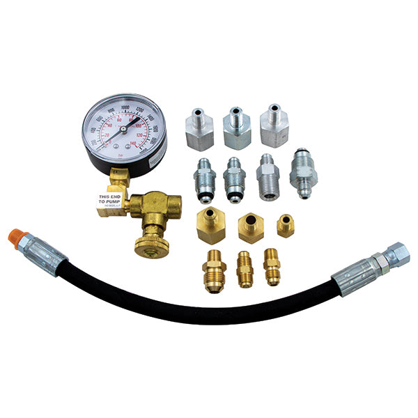 ATD Tools ATD-5556 Power Steering and Rack Tester kit with dual gauge, brass fittings, adapters, and hose