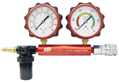 ATD Tools 5573A 2-Gauge Cylinder Leakage Tester with red anodized body and dual gauges