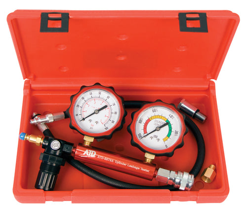 ATD Tools 5573A 2-Gauge Cylinder Leakage Tester shown in red carrying case with all adapters and accessories