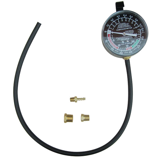 ATD Tools ATD-5657 Deluxe Vacuum and Fuel Pump Tester showing full hose length, compound gauge, and brass fitting set