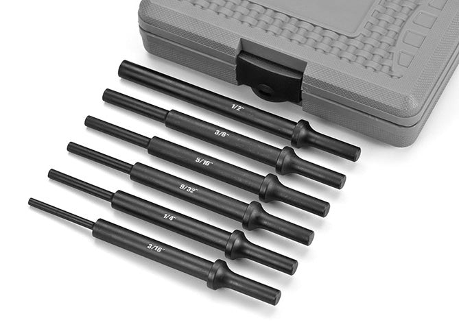 ATD Tools ATD-5736 6 Pc. Extra Long Air Hammer Drift Set laid out with storage case