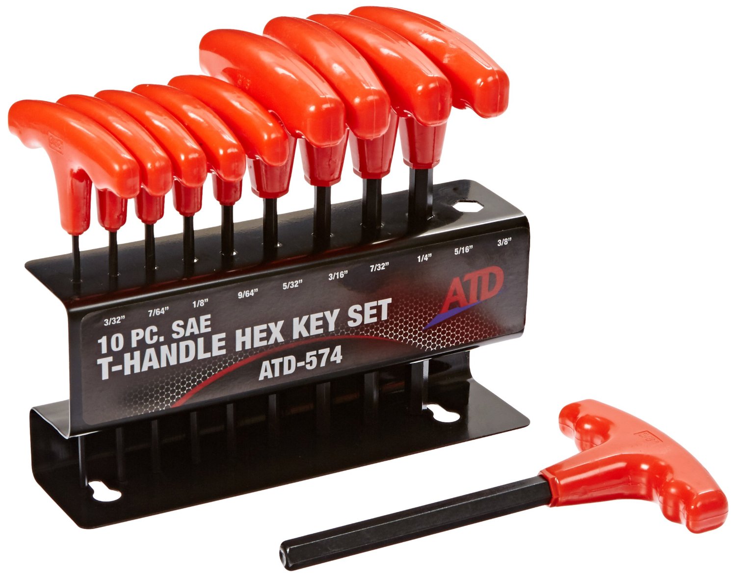 ATD Tools ATD-574 10 Pc SAE T-Handle Hex Key Set with red plastic grips and custom steel storage rack
