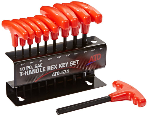 ATD Tools ATD-574 10 Pc SAE T-Handle Hex Key Set with red plastic grips and custom steel storage rack
