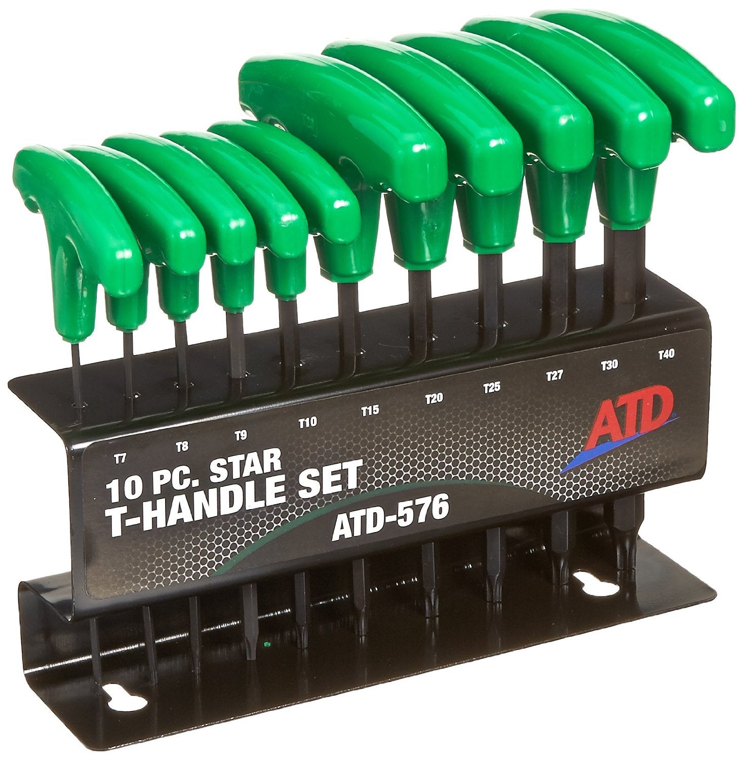 ATD Tools ATD-576 10 Pc. Star T-Handle Set with green plastic grip handles and custom steel storage rack, sizes T7 through T40