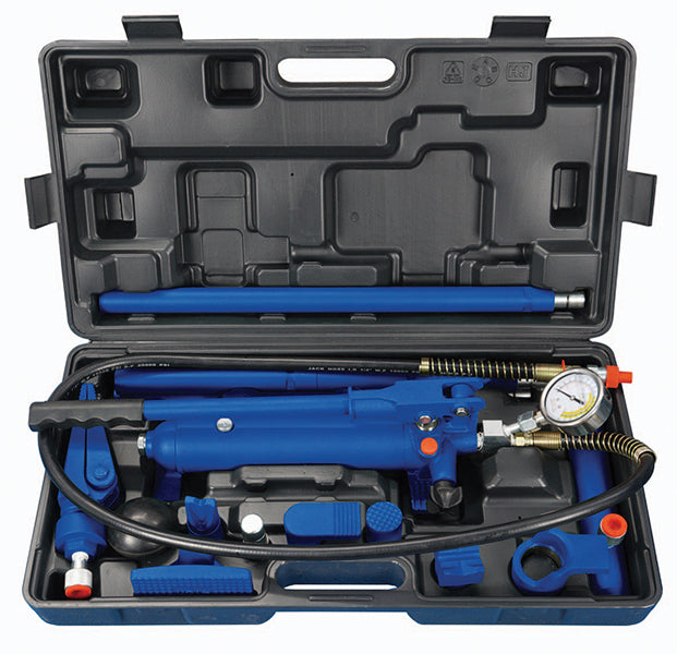 ATD Tools ATD-5800A 4-Ton Hydraulic Body Repair Kit with pump, ram, pressure gauge, and accessories in heavy-duty carrying case