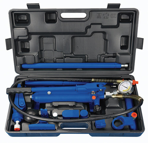 ATD Tools ATD-5800A 4-Ton Hydraulic Body Repair Kit with pump, ram, pressure gauge, and accessories in heavy-duty carrying case