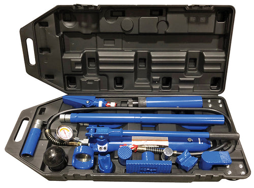 ATD Tools ATD-5810A 10-Ton Hydraulic Body Repair Kit with blue components in heavy-duty carrying case