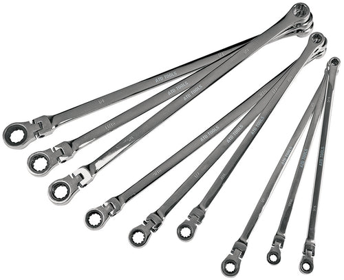 ATD Tools 6509 9-piece SAE ratcheting flex head extra long wrenches fanned out showing dual-end design