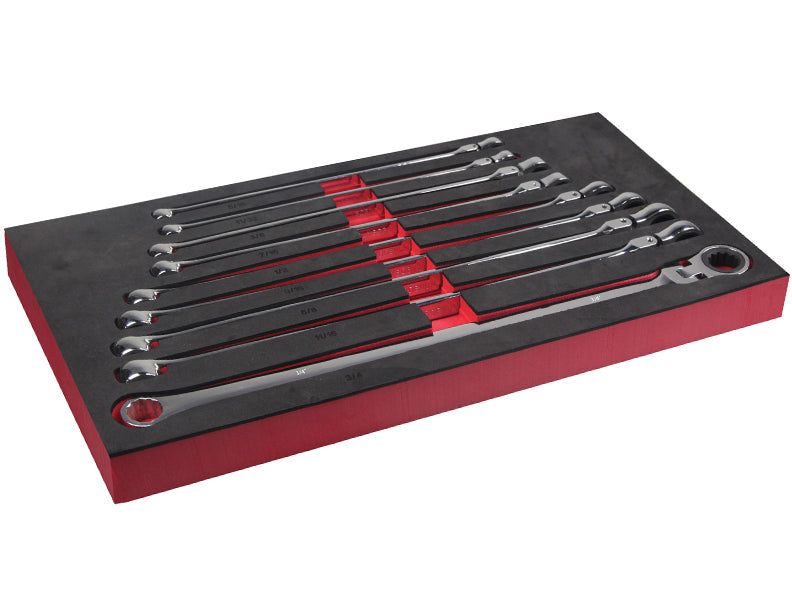 ATD Tools 6509 9-piece SAE extra long flex head ratcheting wrench set laid out in red and black EVA storage tray