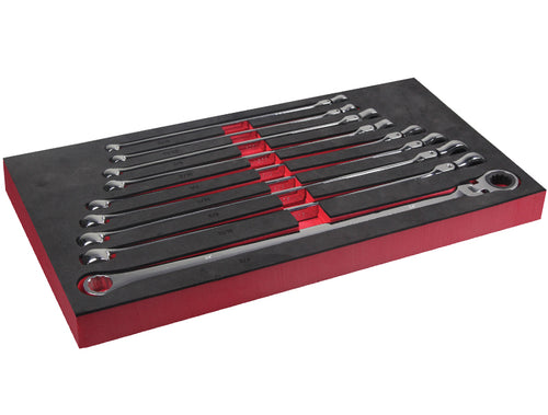 ATD Tools 6509 9-piece SAE extra long flex head ratcheting wrench set laid out in red and black EVA storage tray