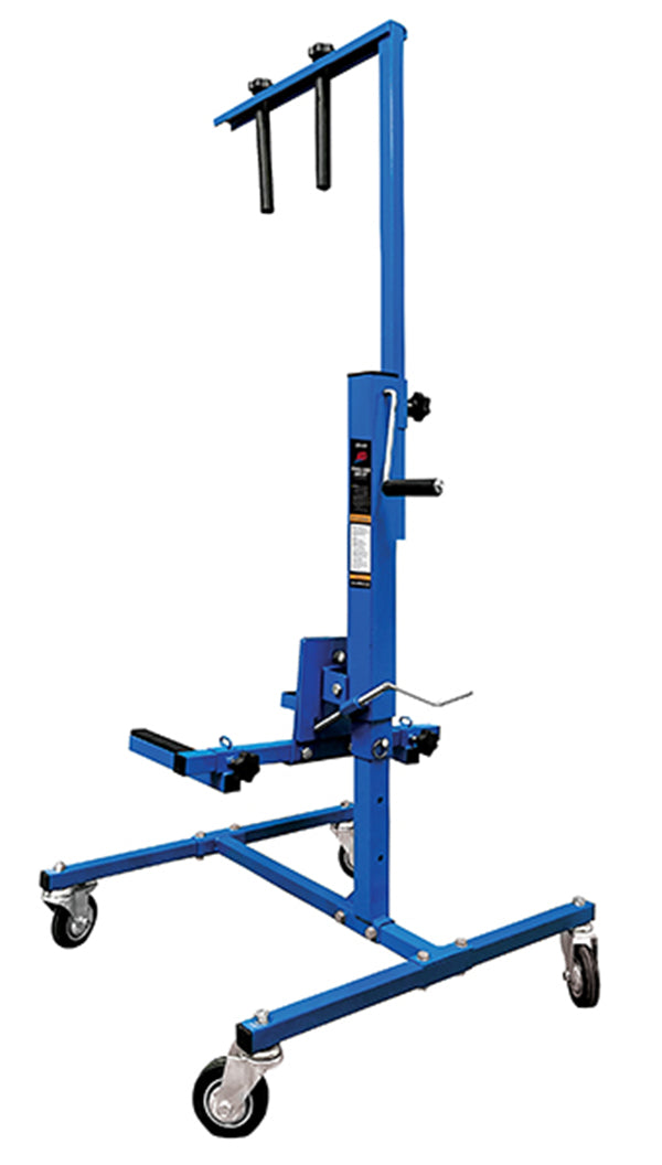 ATD Tools 6557 Vehicle Door Jack Lift front view, blue powder-coated steel frame with 4-inch polyurethane casters