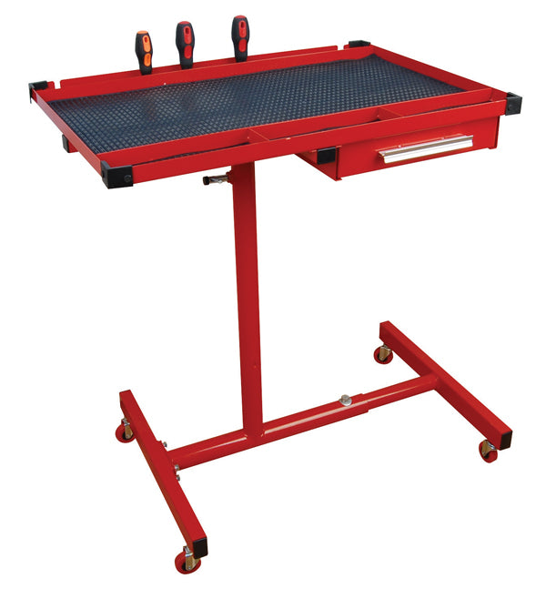 ATD Tools 7012 Heavy-Duty Mobile Work Table with Drawer in red, showing top tray with liner and storage drawer