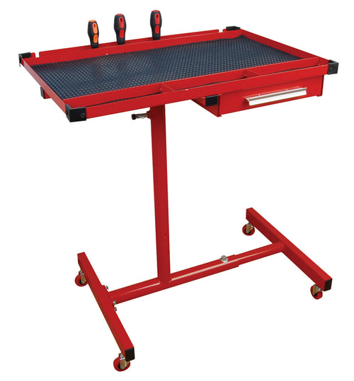 ATD Tools 7012 Heavy-Duty Mobile Work Table with Drawer in red, showing top tray with liner and storage drawer