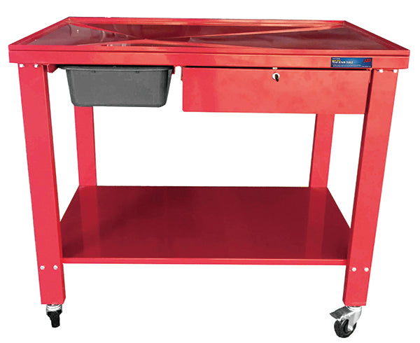 ATD Tools ATD-70325A Heavy-Duty Tear Down Table front view with drain pan, lockable drawer, and swivel casters
