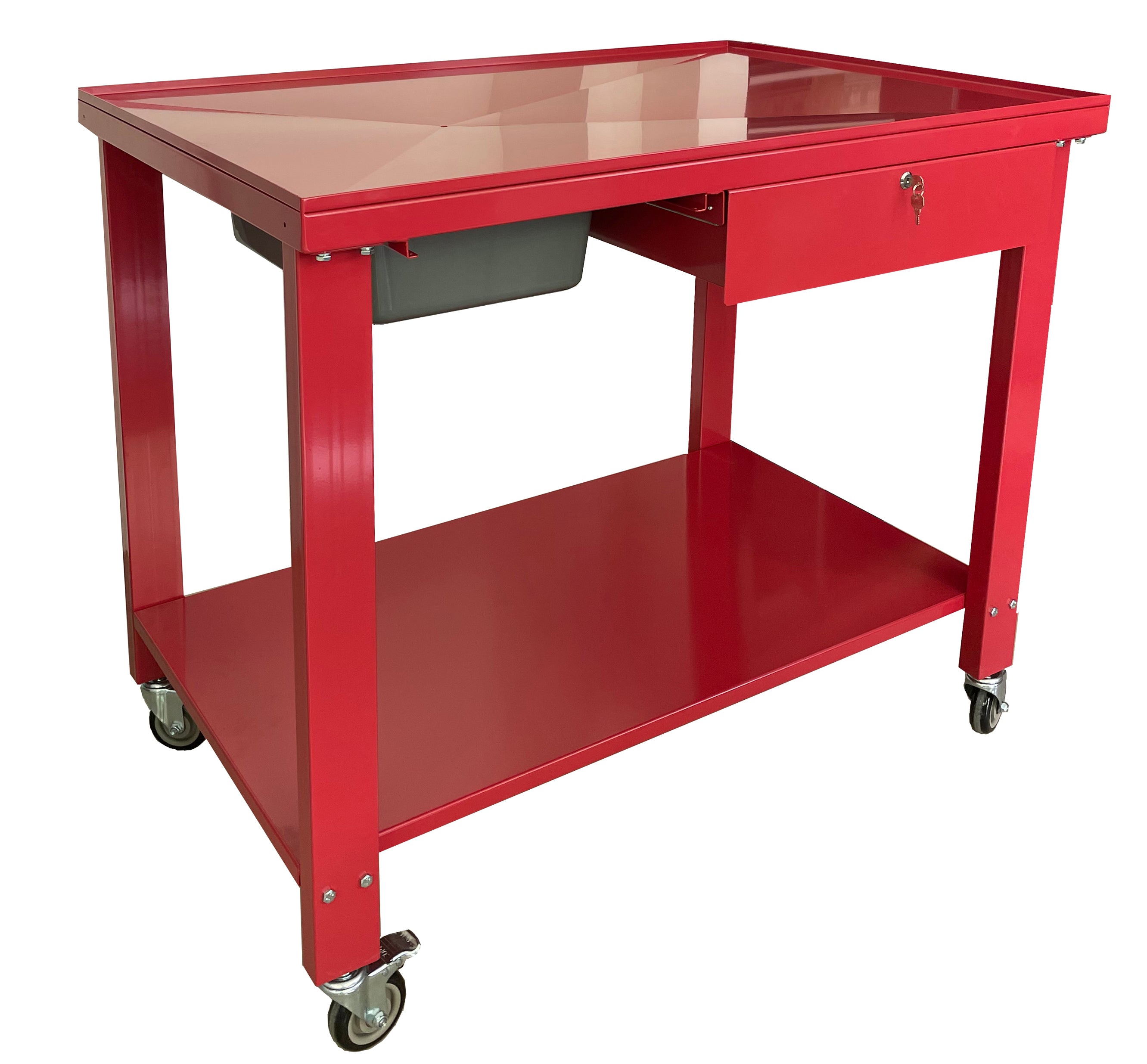 ATD Tools ATD-70325A Heavy-Duty Tear Down Table side angle view showing steel top, lower shelf, and casters