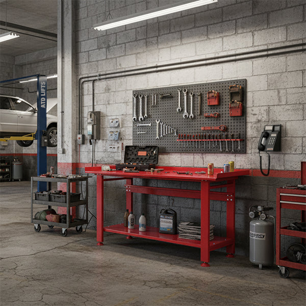 ATD Tools ATD-70360 Heavy-Duty Workbench in a garage repair shop with tools and pegboard