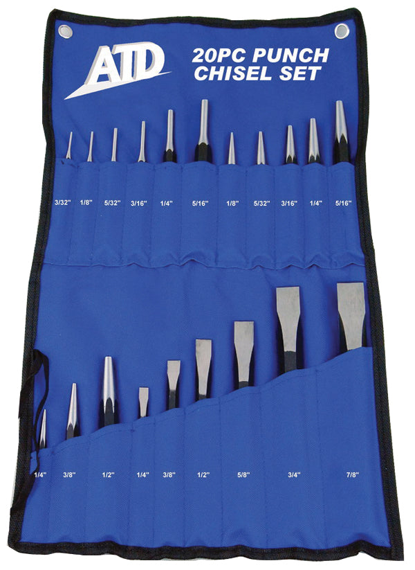 ATD Tools ATD-720 20 Pc. Punch & Chisel Set displayed in open blue roll-up storage pouch showing all 20 pieces organized by size