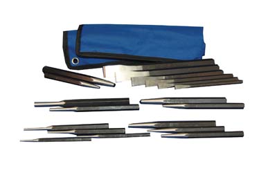 ATD Tools ATD-720 20 Pc. Punch & Chisel Set pieces laid out beside closed blue roll-up storage pouch