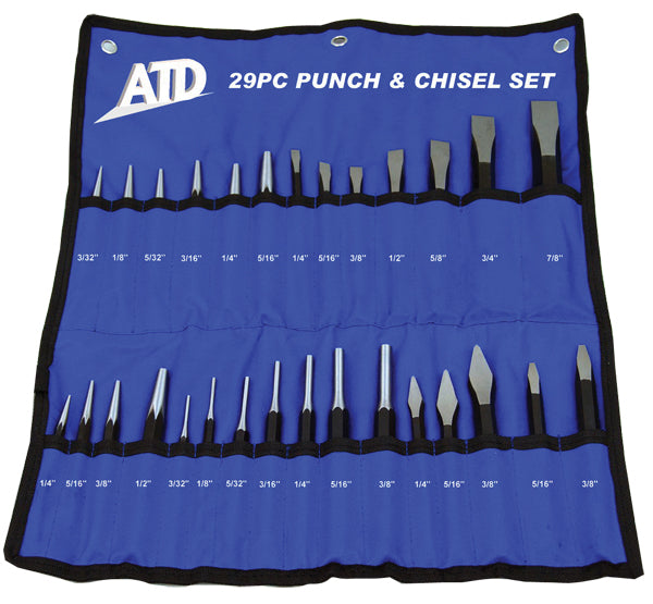 ATD Tools 729 29Pc Punch & Chisel Set displayed in blue roll-up storage pouch with all 29 pieces organized by size