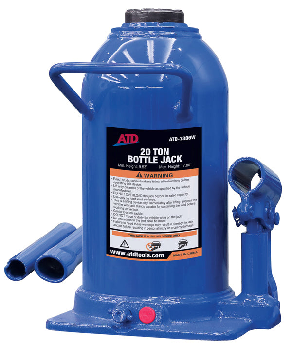 ATD Tools ATD-7386W 20-Ton Heavy-Duty Hydraulic Side Pump Bottle Jack, front view showing label and side pump handle