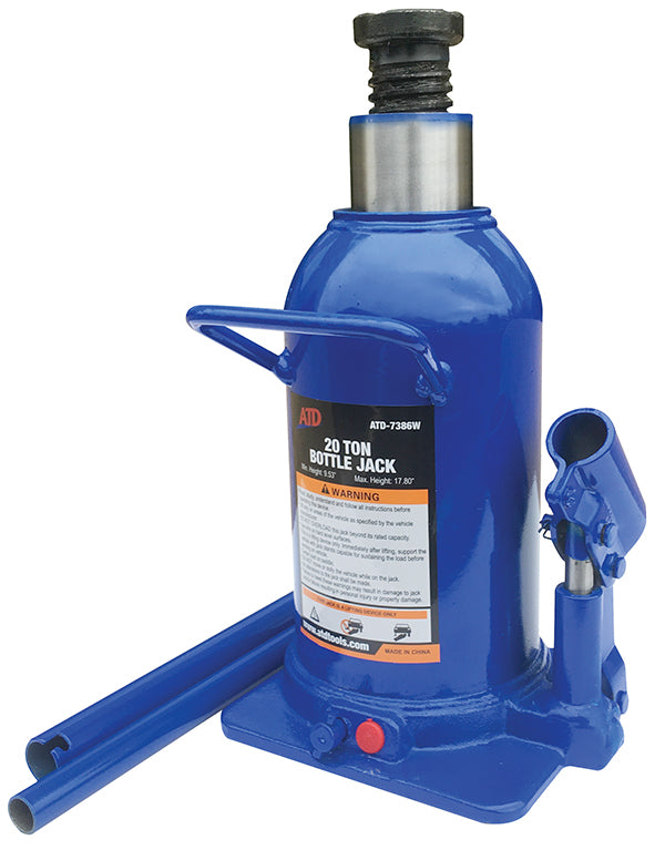 ATD Tools ATD-7386W 20-Ton Hydraulic Bottle Jack shown in extended/raised position with chrome piston and side pump