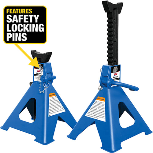 ATD Tools ATD-7446A 6-Ton Jack Stands highlighting safety locking pins feature callout