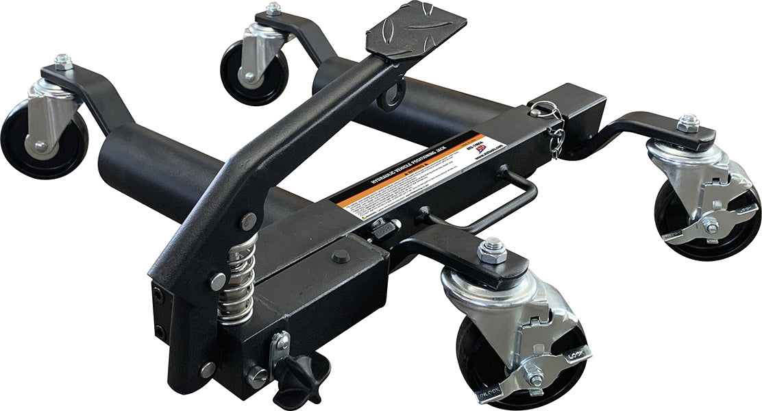 ATD Tools 7465 Hydraulic Vehicle Positioning Jack - full product view with casters