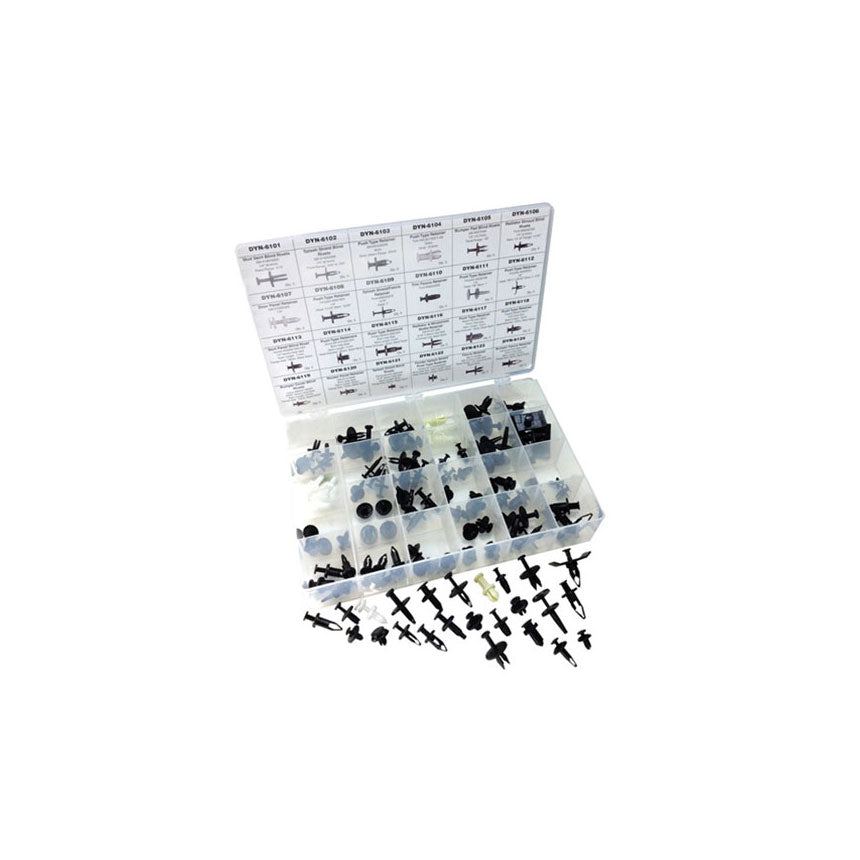 ATD Tools 39358 120 Pc. Master Push-Pin Retainer Assortment full view with variety of push-pin retainers displayed outside case