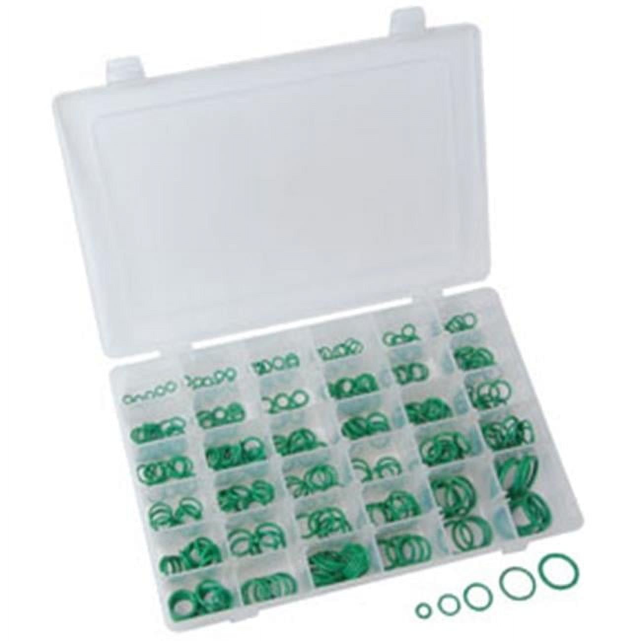 ATD Tools ATD-387 350pc HNBR O-Ring Assortment in plastic storage case with green o-rings sorted by size