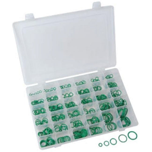 ATD Tools ATD-387 350pc HNBR O-Ring Assortment in plastic storage case with green o-rings sorted by size