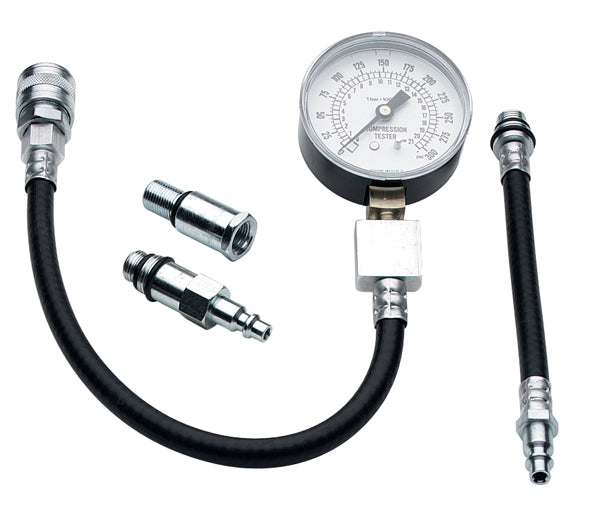 ATD Tools ATD-5659 Universal Compression Tester with 300 PSI dual-scale gauge, flexible hose, quick coupler, and 14mm and 18mm adapters