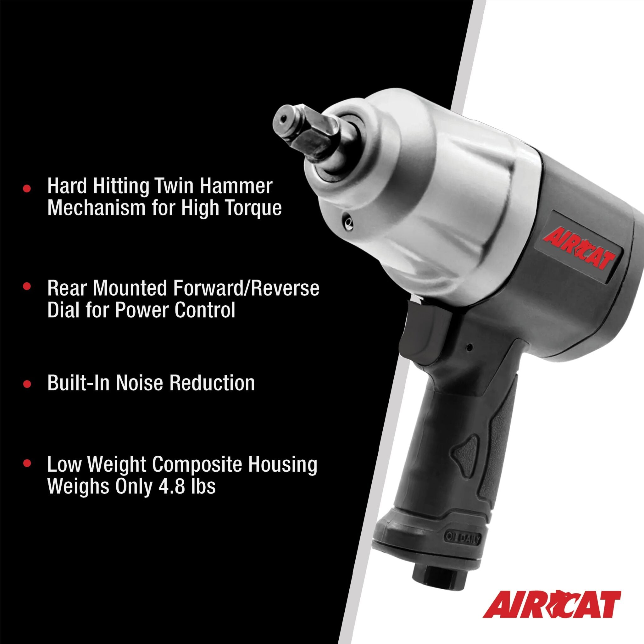 Aircat 1120 feature list: twin hammer mechanism, rear mounted F/R dial, built-in noise reduction, low weight composite housing at 4.8 lbs