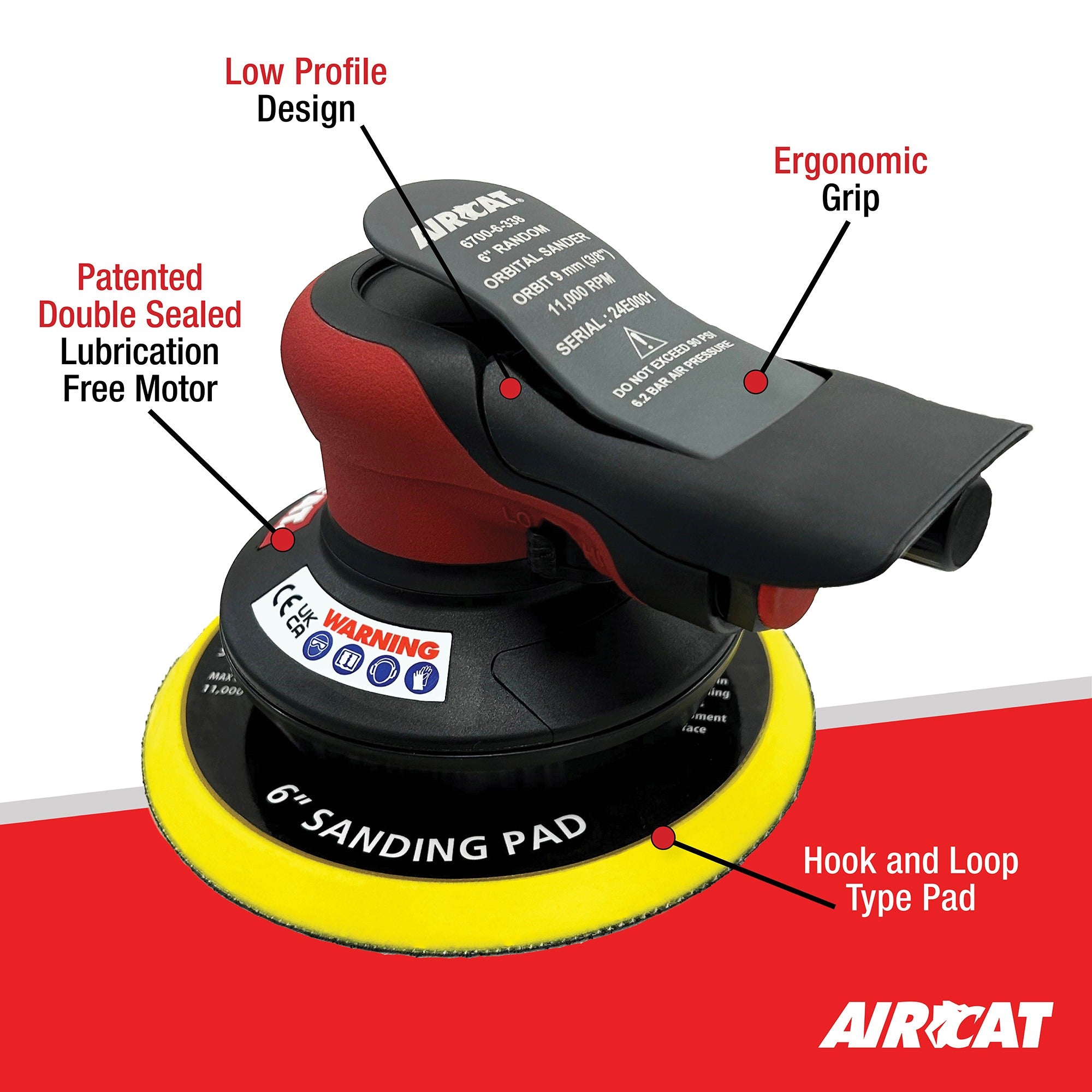 Aircat 6700-6-338 Orbital Palm Sander diagram highlighting low profile design, ergonomic grip, and hook and loop pad