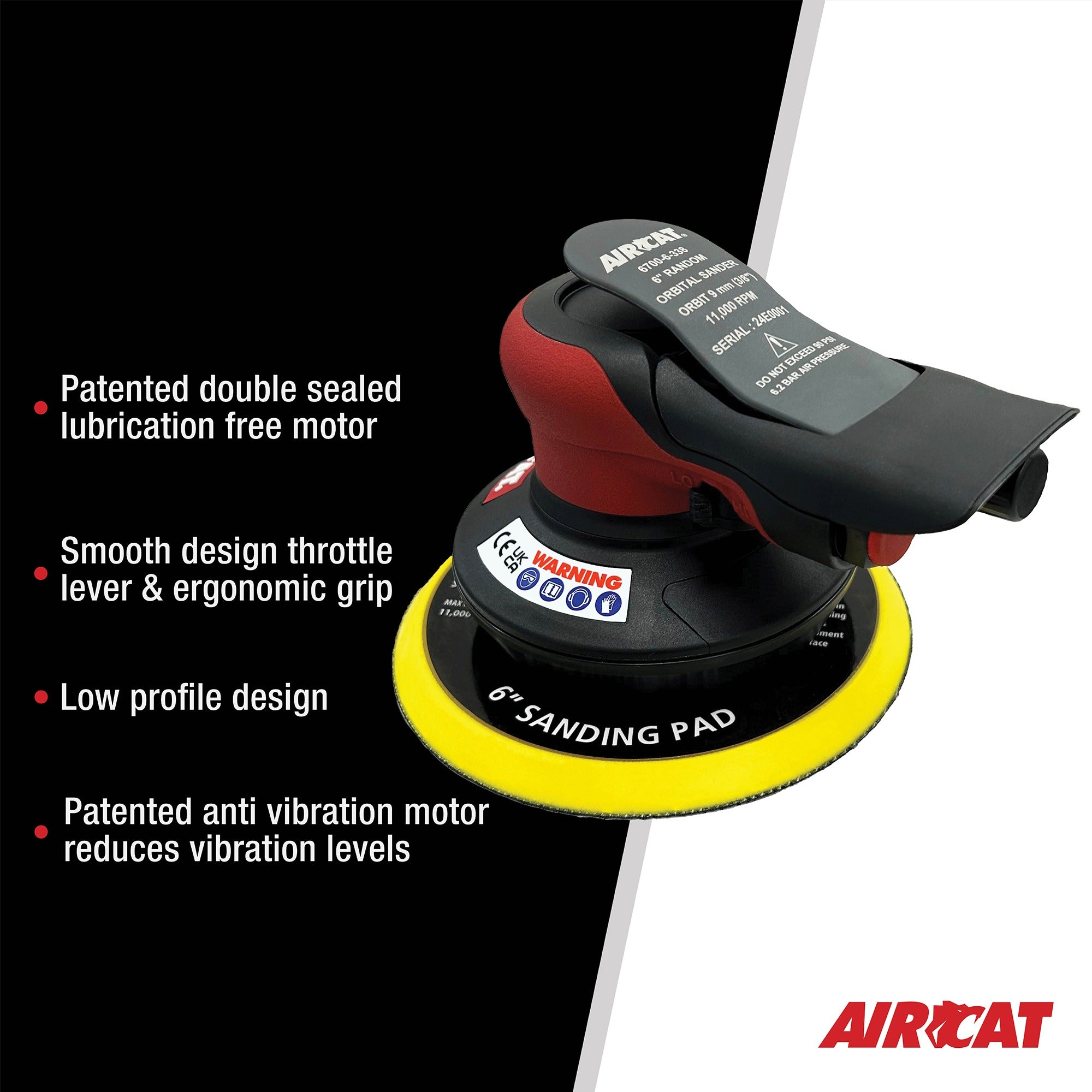 Aircat 6700-6-338 Orbital Palm Sander feature callout showing lubrication free motor, ergonomic grip, and anti-vibration design