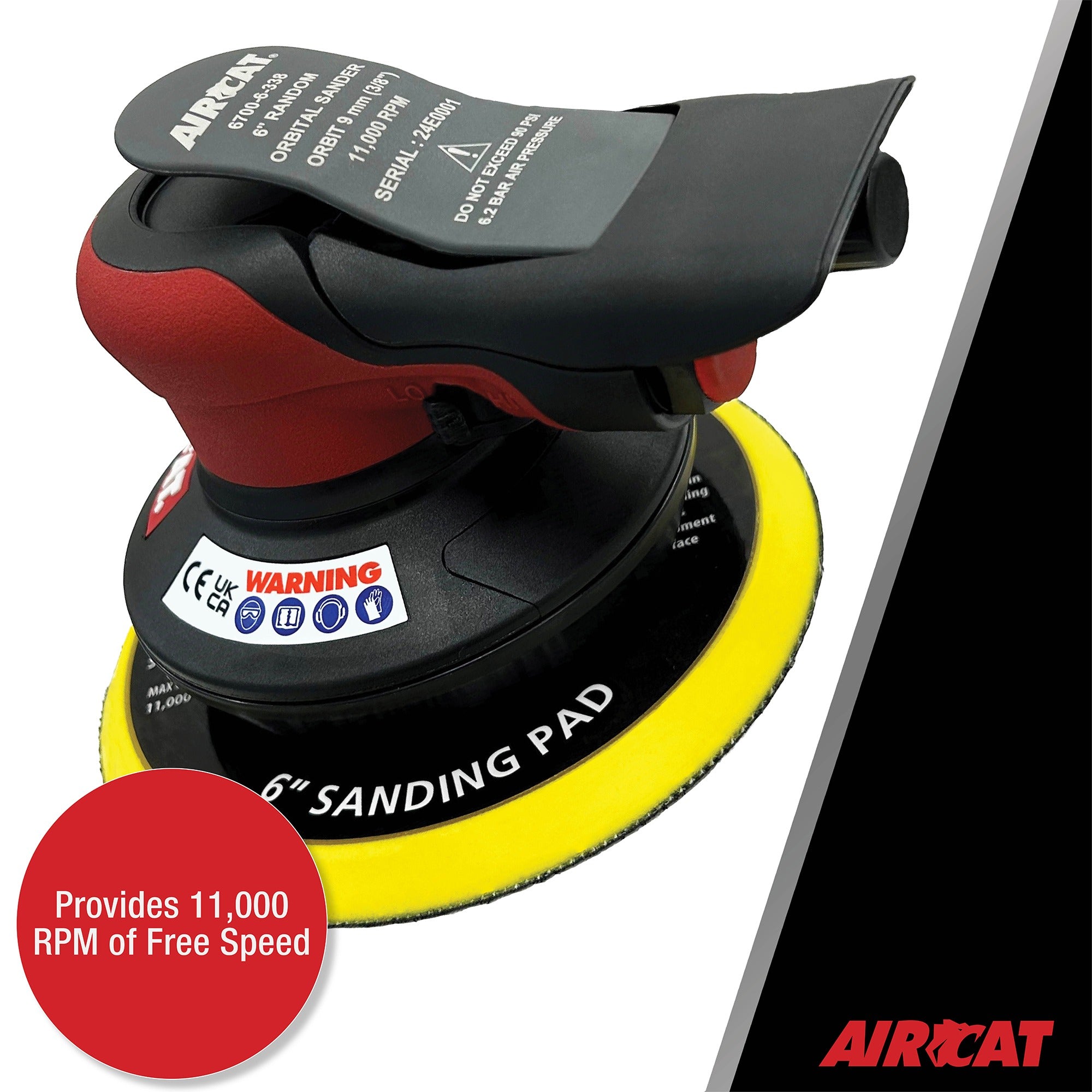 Aircat 6700-6-338 6-Inch Orbital Palm Sander top-down view with 11,000 RPM free speed callout