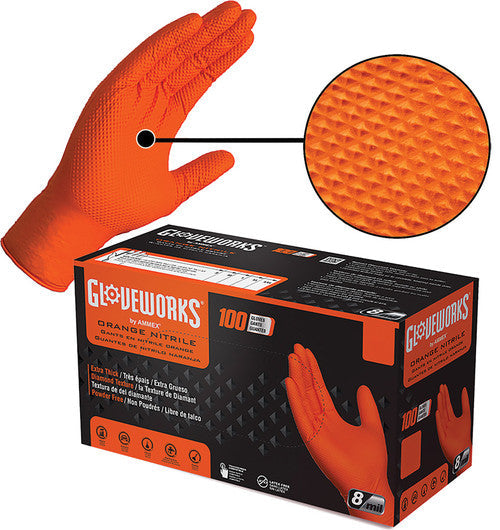 Ammex GWON48100 GLOVEWORKS INDUSTRIAL HD ORANGE NITRILE RAISED DIAMOND TEXTURE DISPOSABLE GLOVES, 8 MIL PALM, 9.6" LENGTH, BOX OF 100, SIZE: X-LARGE - MPR Tools & Equipment