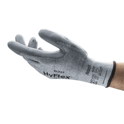 Ansell HyFlex 11-727 cut-resistant work glove worn on hand, side angle view showing grey PU palm coating
