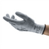 Ansell HyFlex 11-727 cut-resistant work glove worn on hand, side angle view showing grey PU palm coating