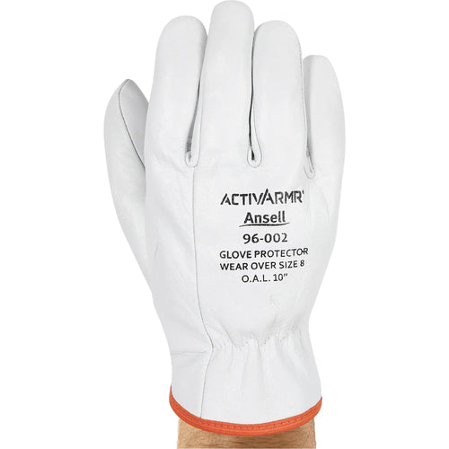 Ansell RIGLVCVR080 ActivArmr 96-002 Low Voltage Leather Protector Gloves Size 8, white premium goatskin glove with orange cuff trim