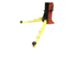 Coats 2-post lift showing 3-piece offset yellow lifting arms extended