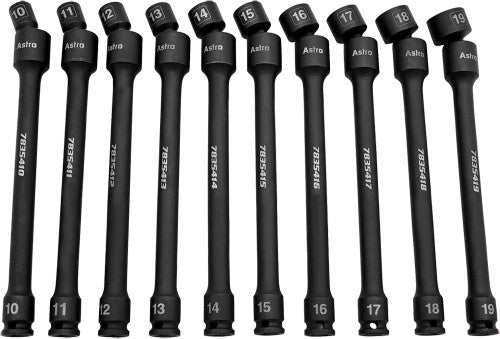 Astro Pneumatic 78354 10-Pc 3/8" Dr. 9" Metric Pinless Universal Torque-Saver Impact Extension Socket Set, 10Mm-19Mm - MPR Tools & Equipment