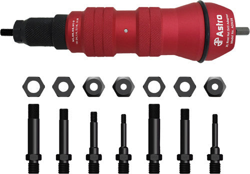 Astro Pneumatic ADN38 RIVET NUT CORDLESS DRILL ADAPTER KIT - 3/8" CAP., 8 MANDRELS/NOSEPIECES: 10-24, 1/4-20, 5/16-18, 3/8-16, M5, M6, M8, M10 - MPR Tools & Equipment