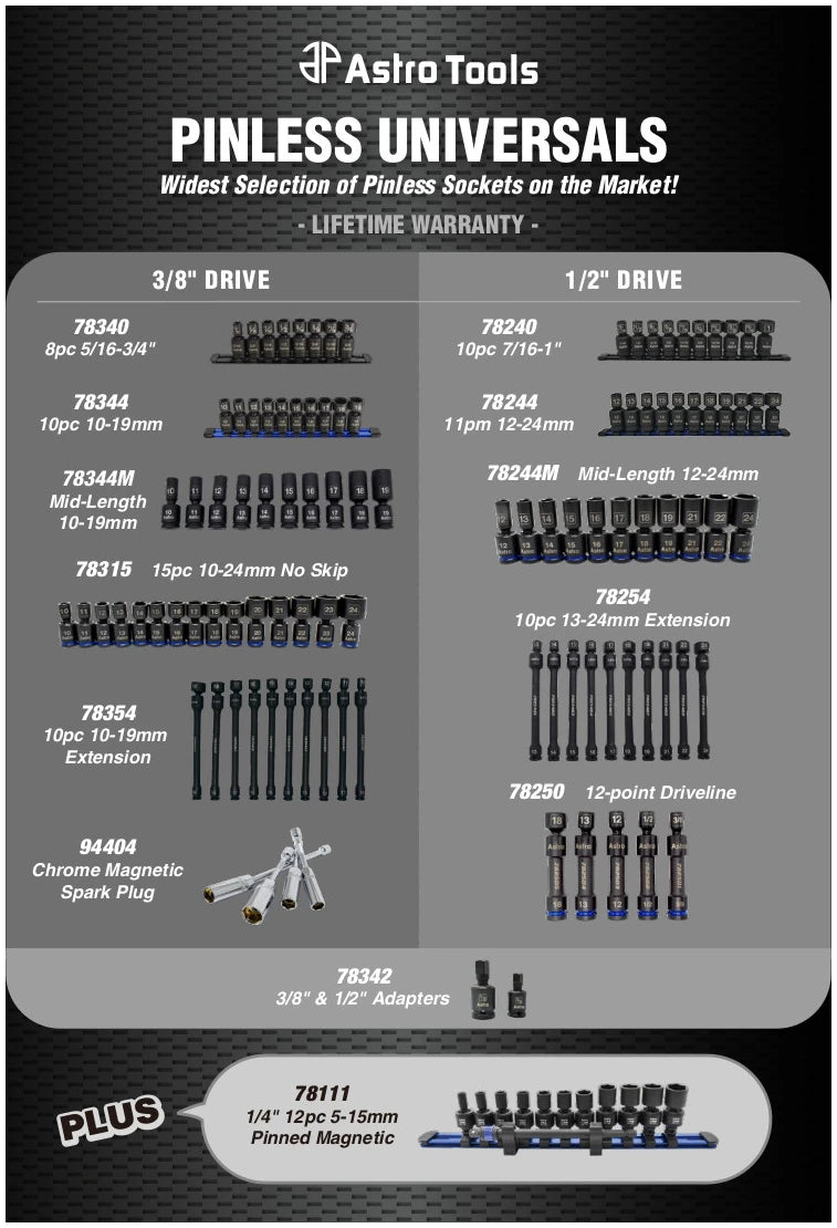 Astro Tools Pinless Universals complete product family lineup chart