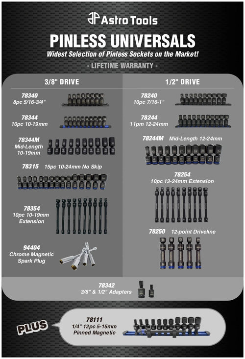 Astro Tools Pinless Universals product family lineup infographic featuring 78111