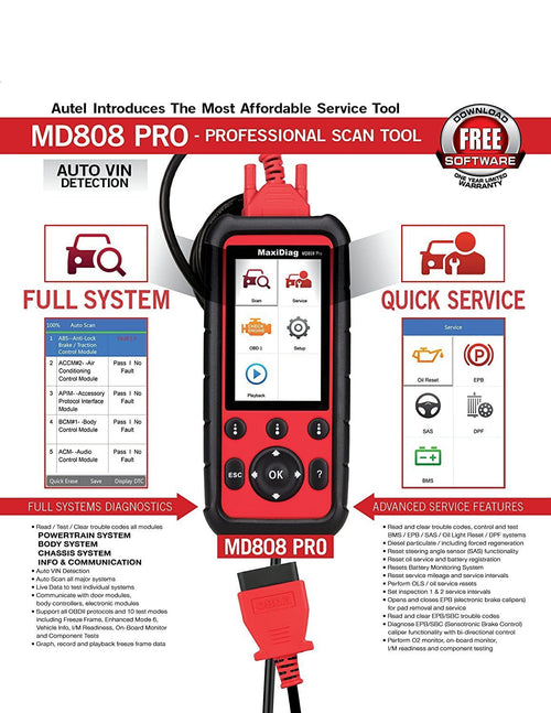 Autel MaxiDiag Advanced MD808 (MD808 Pro) All System OBDII Scanner (Combination of MaxiCheck Pro and MD802) for Oil and Battery Reset Registration. Parking Brake Pad Relearn.SAS.SRS.ABS.EPB.DPF.BMS - MPR Tools & Equipment