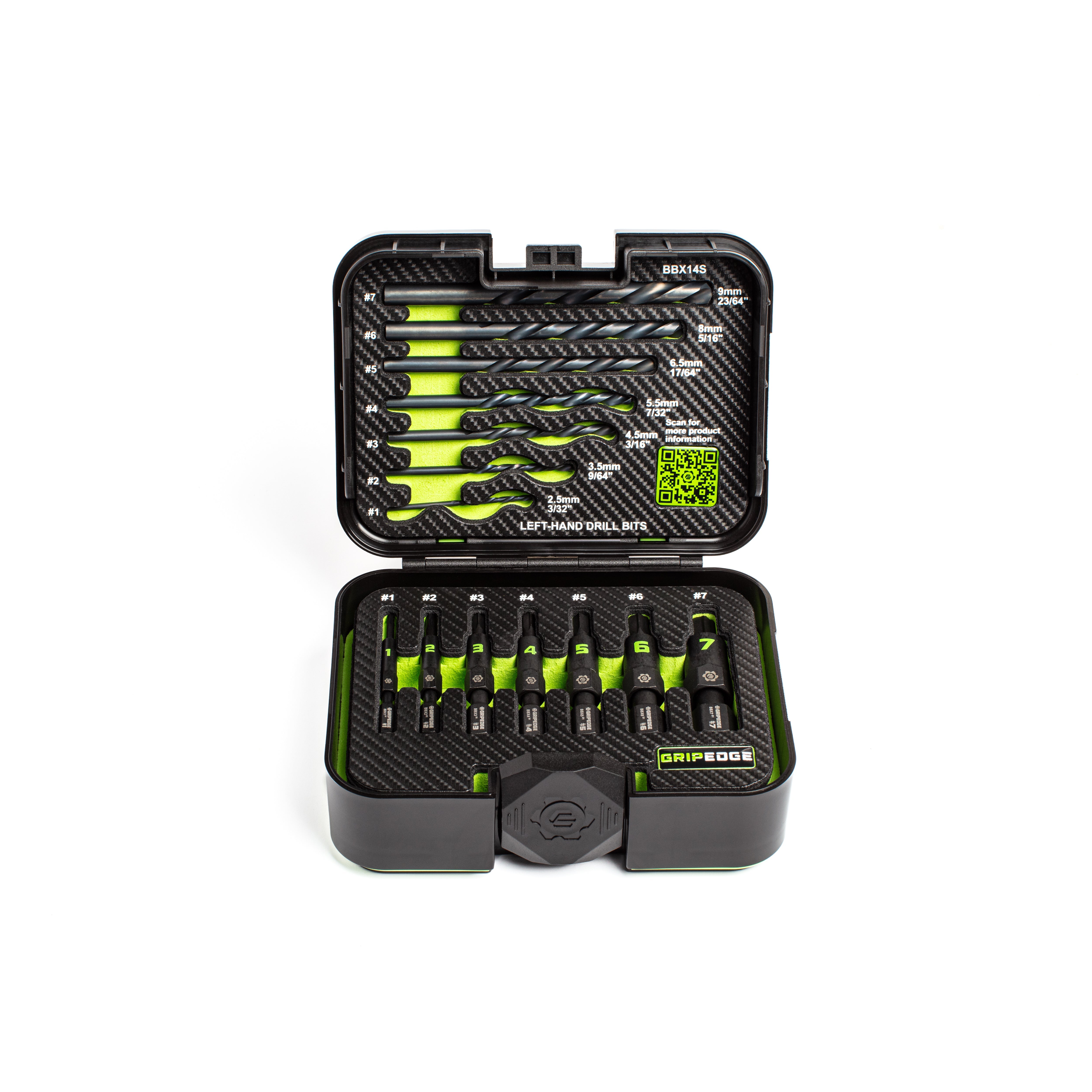 GripEdge BBX14S 14pc G-FORS Extractor Set open case showing 7 extractors and 7 left-hand drill bits in foam insert